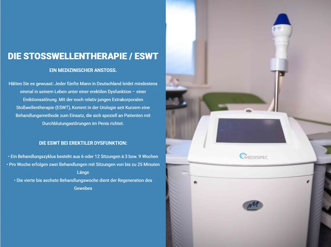 ESWT treatment page: "Die Stoßwellentherapie / ESWT" explained beside a photo of the shockwave device in the practice