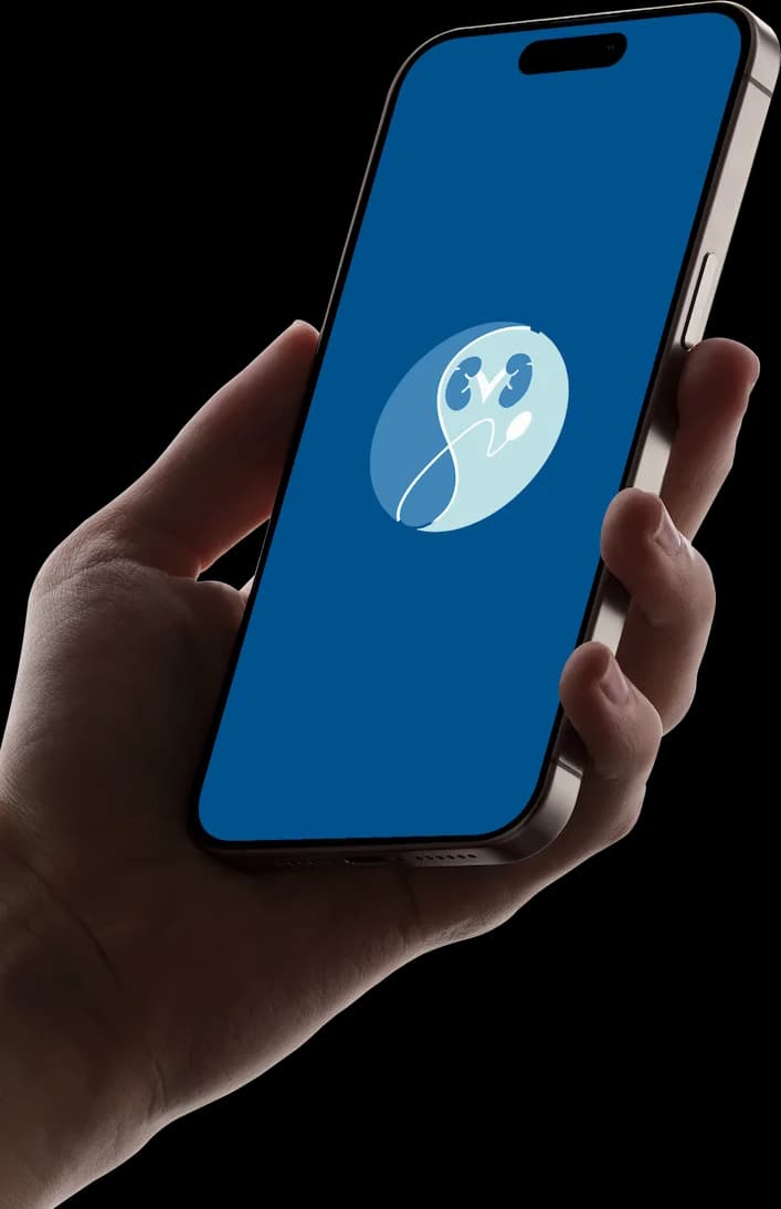 Hand holding a phone that opens on the Dr. Salman splash screen, the practice mark on deep blue