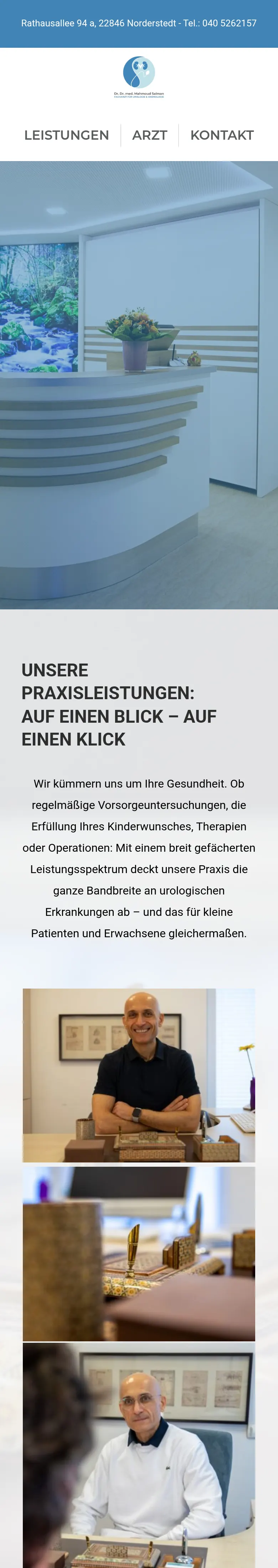 The Dr. Salman home page on a phone: address and phone bar, logo, Leistungen, Arzt and Kontakt menu, the reception area and the introduction to the practice's services