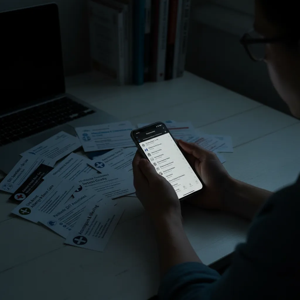A person in a dim room scrolling on a smartphone above a desk covered in scattered doctors’ business cards, next to a laptop