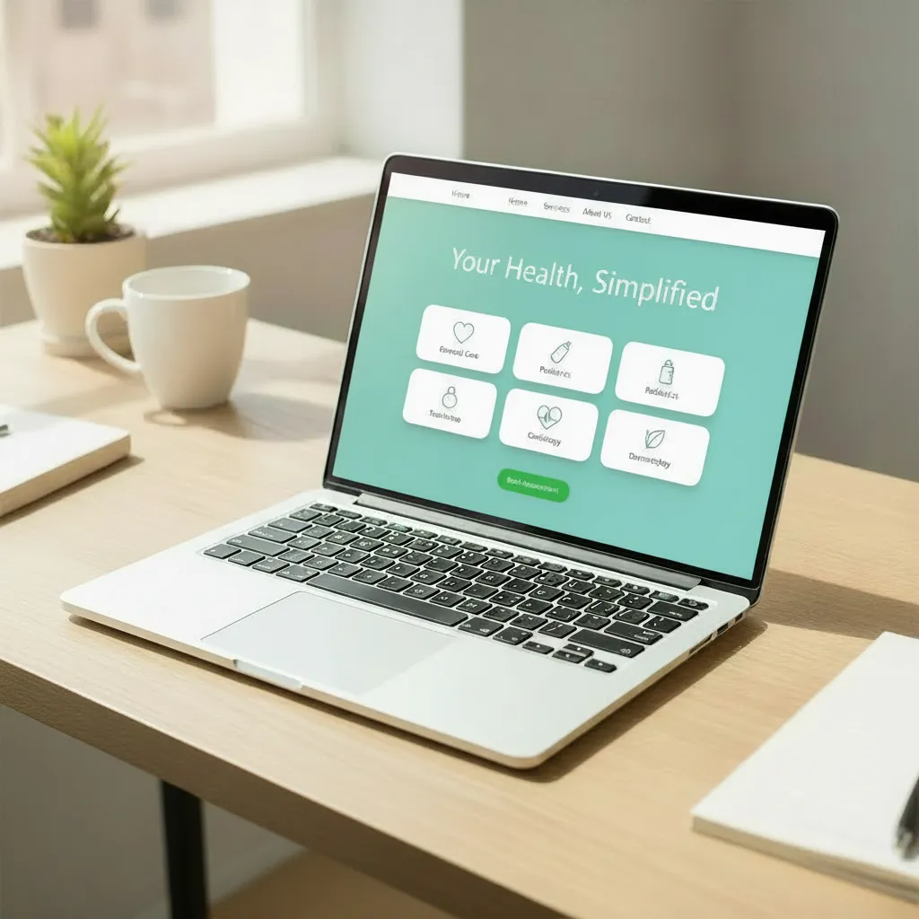 A laptop on a sunny desk showing a calm teal healthcare website with a row of service tiles and an appointment button