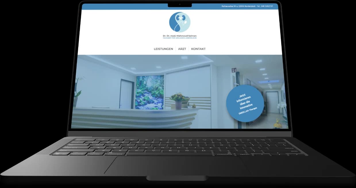 The Dr. Salman home page on a laptop: blue top bar with address and phone, the round practice logo, the Leistungen, Arzt and Kontakt menu, and a photo of the reception with a round EMSELLA® badge