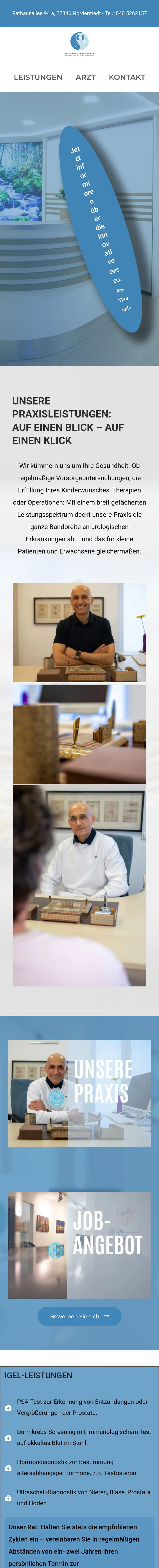 The same website on a phone, scrolling from the top bar, logo and three-link menu past the reception photo and the practice introduction to the IGeL check-up box