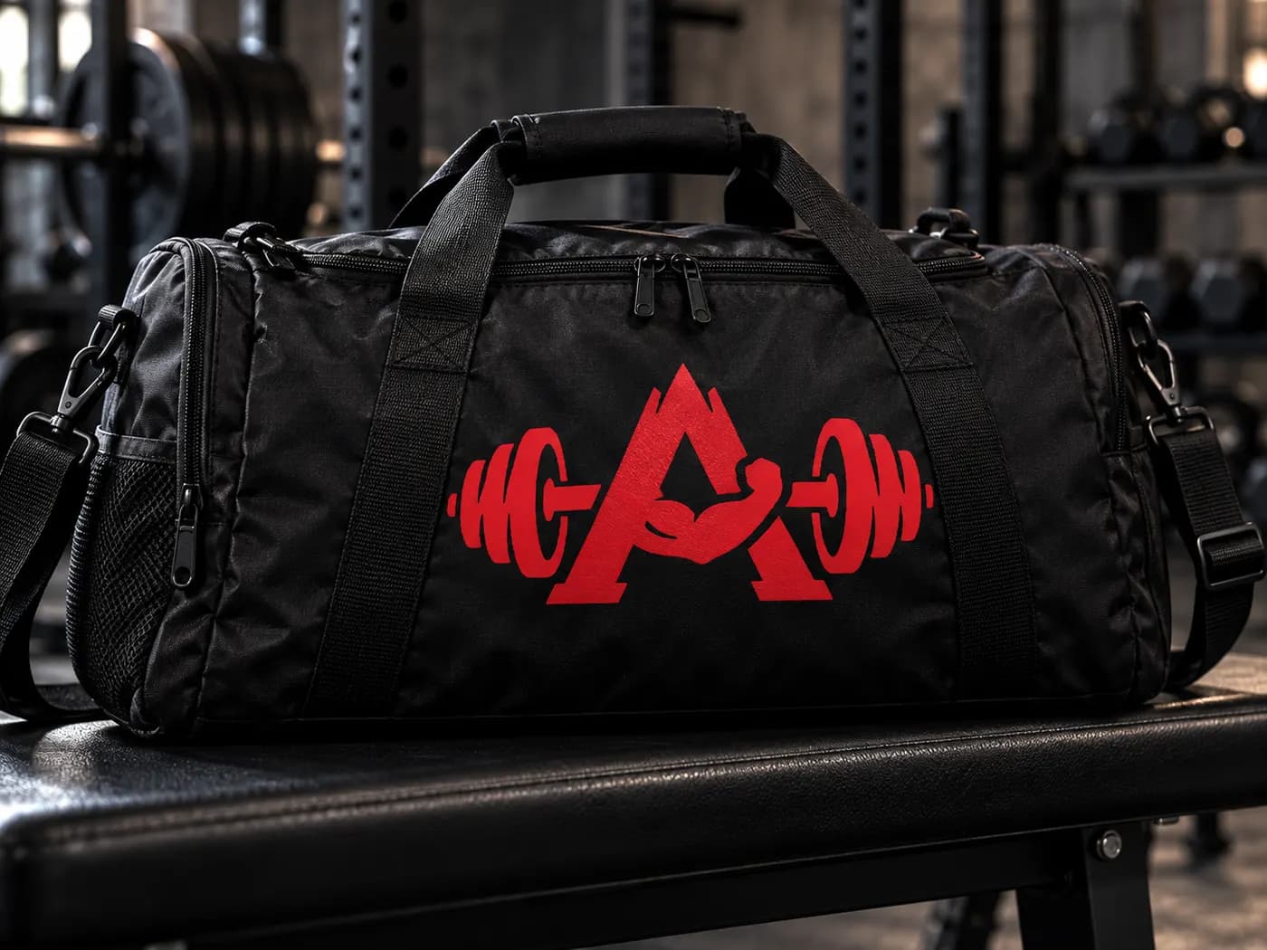 Brand mockup: a black gym duffel bag on a bench with the Allen Fitness logo printed in red on the side
