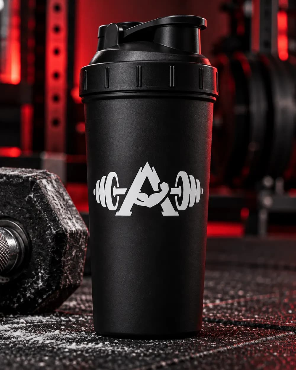 Brand mockup: a matte black shaker bottle with the Allen Fitness logo in white, beside a chalked dumbbell