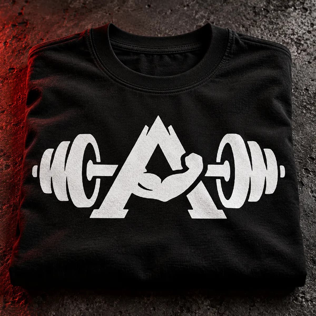 Brand mockup: a folded black training t-shirt with the Allen Fitness logo printed in white across the chest