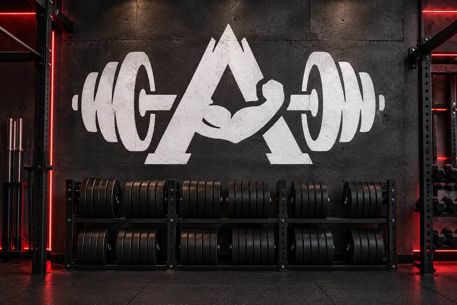 Brand mockup: the Allen Fitness logo painted large in white on a dark concrete gym wall above a rack of weight plates