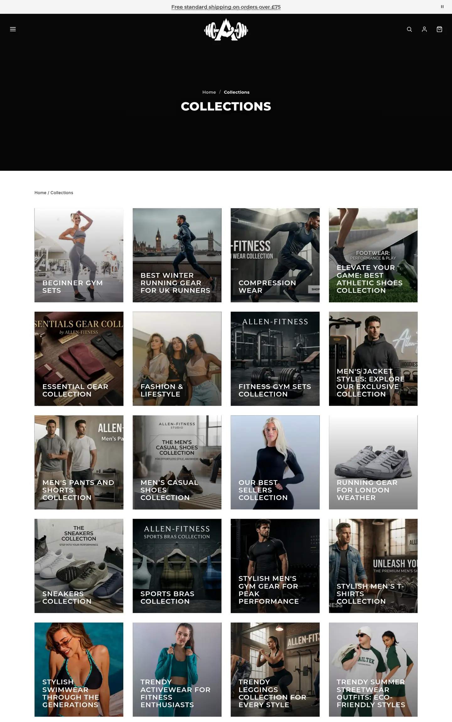 The collections index on fitnesssportswear.uk: a grid of image tiles for gym sets, running gear, compression wear, shoes and more
