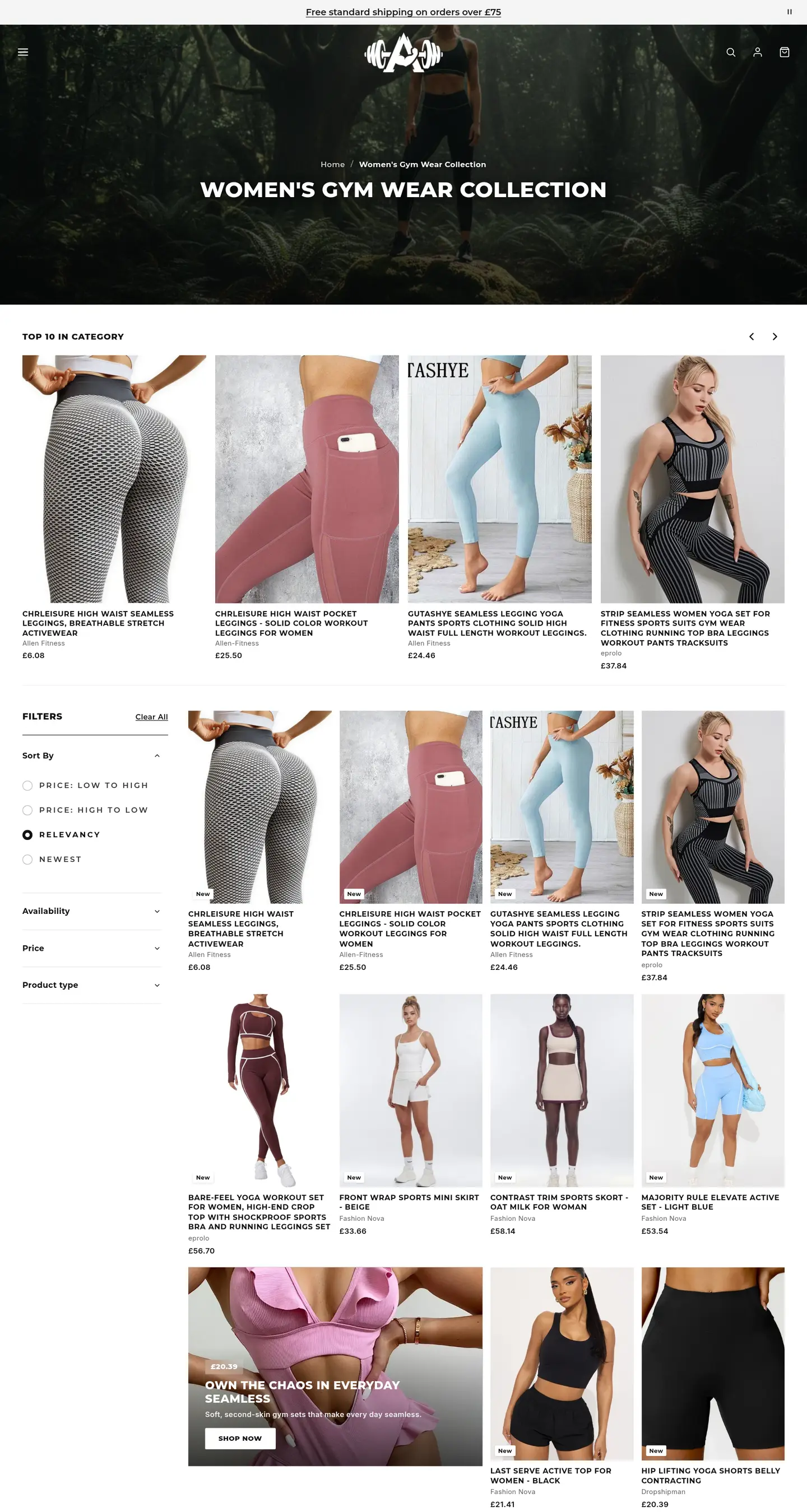 Women's gym wear collection page on fitnesssportswear.uk: a Top 10 carousel, then a filterable product grid