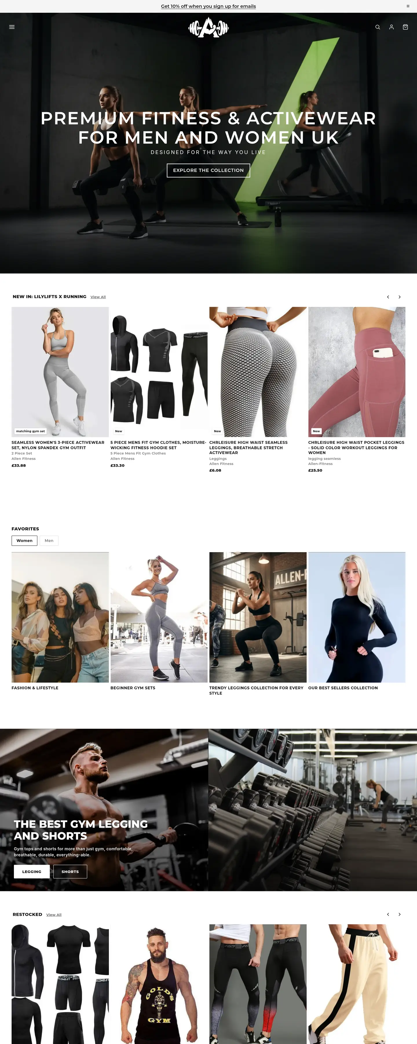 The fitnesssportswear.uk home page: a dark gym hero with Explore the collection, then New in, Favourites and Restocked product rows