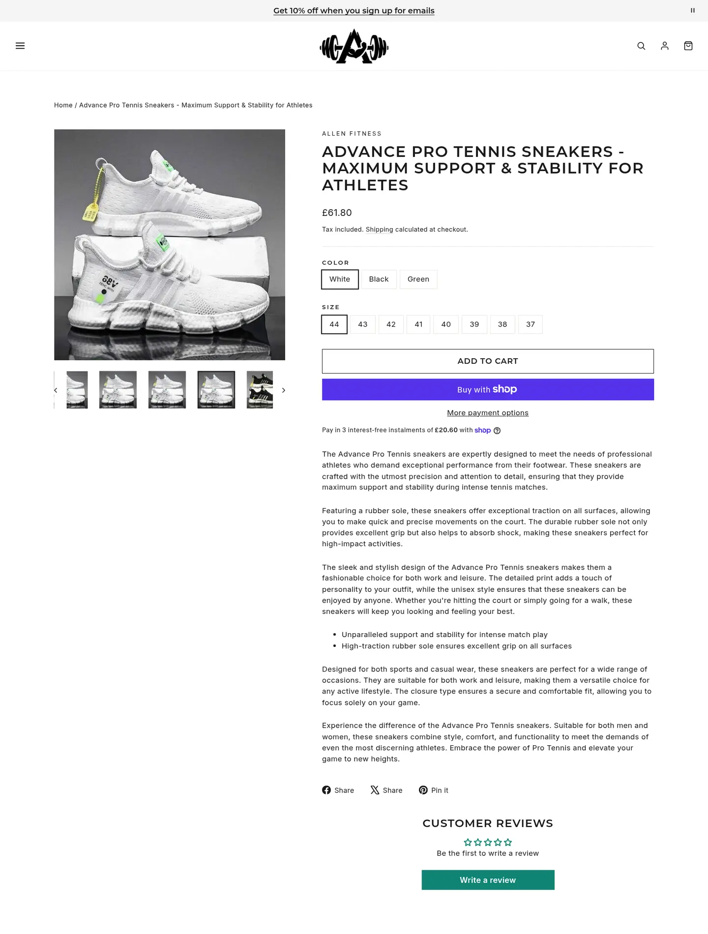 Advance Pro Tennis Sneakers product page on fitnesssportswear.uk with price, colour and size options, Add to cart, Shop Pay and a customer reviews block