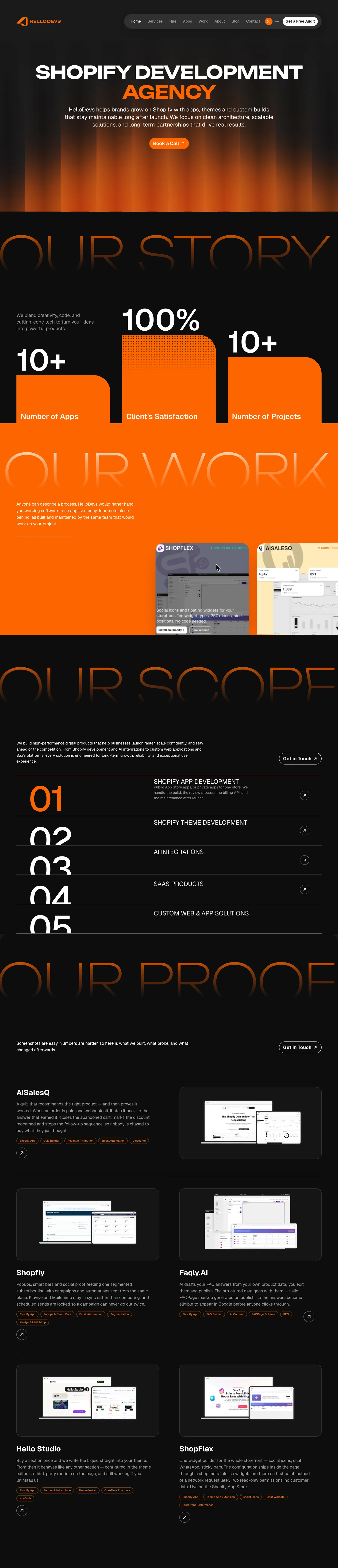 HelloDevs home page in dark mode, top half: the hero on near-black, the Our Story stats bars, the orange Our Work act, the Our Scope services list and the Our Proof case studies on dark cards