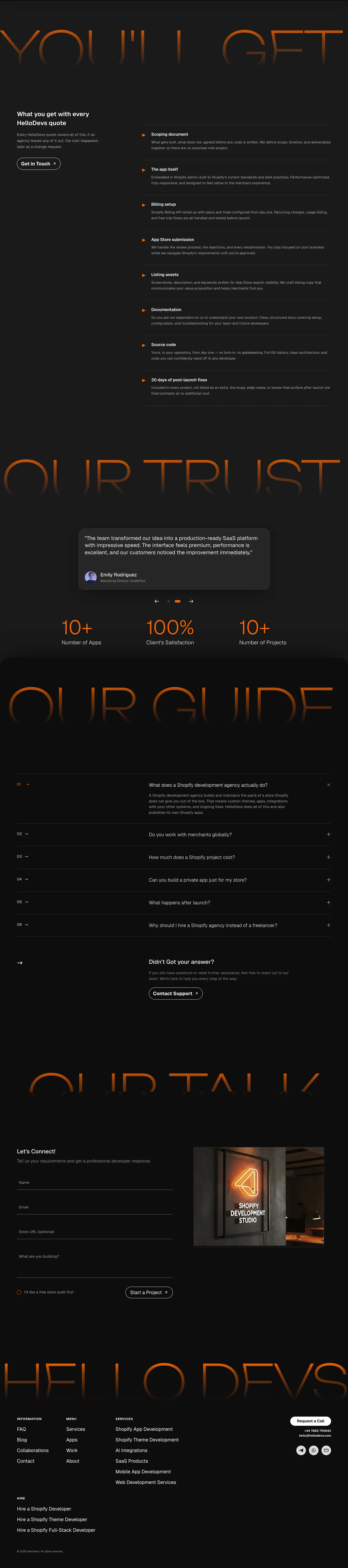 HelloDevs home page in dark mode, bottom half: You’ll Get, the Our Trust testimonial on a raised dark card, the Our Guide FAQ, the Our Talk contact form and the footer