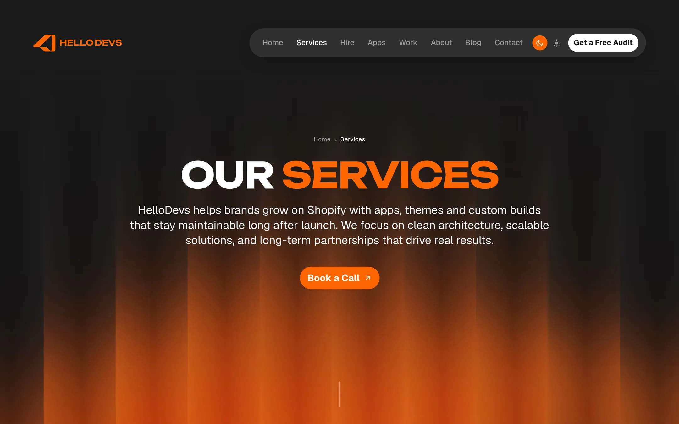 HelloDevs services page in dark mode: the Our Services hero with an orange glow on near-black