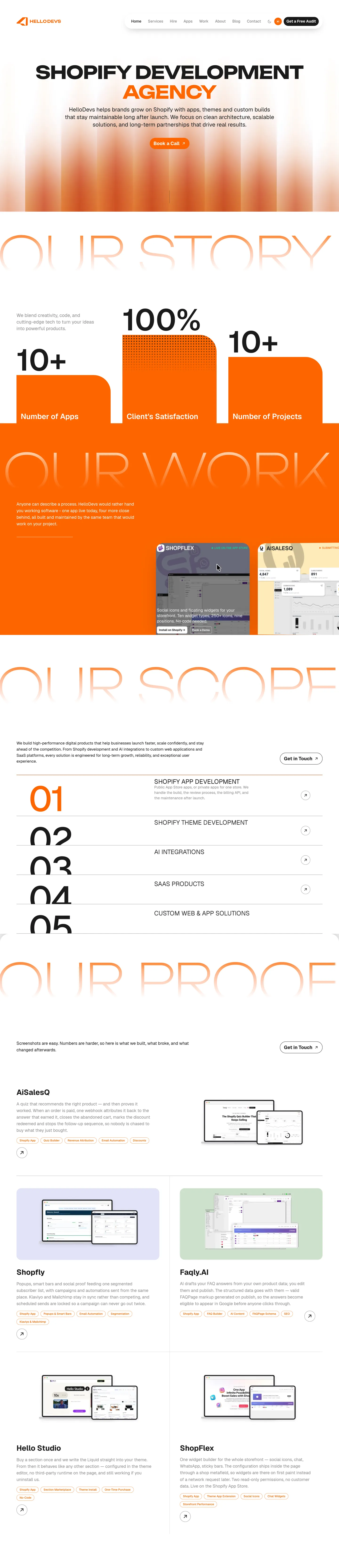 HelloDevs home page in light mode, top half: the Shopify Development Agency hero, the Our Story stats bars, the orange Our Work act with app cards, the Our Scope services list and the Our Proof case studies