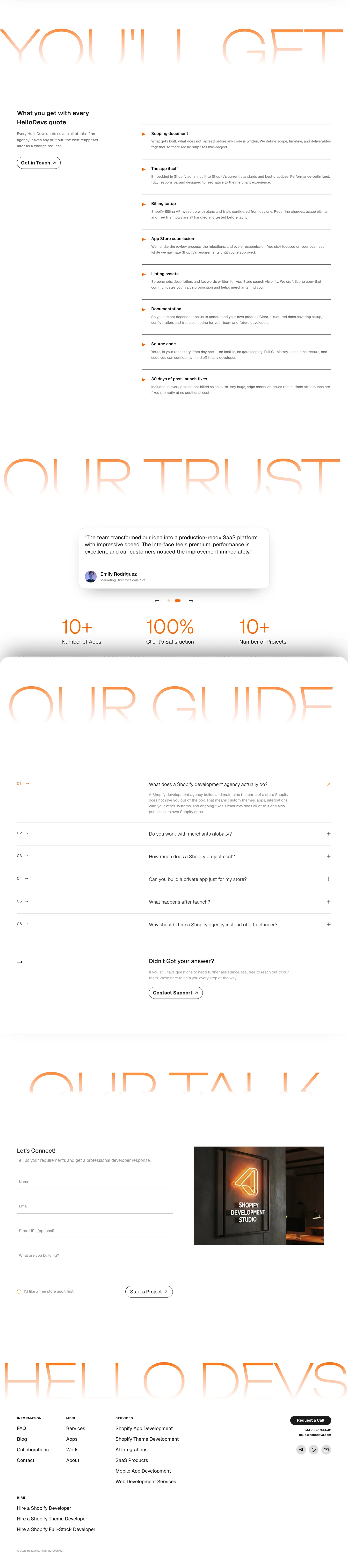 HelloDevs home page in light mode, bottom half: the You’ll Get deliverables list, the Our Trust testimonial and stats, the Our Guide FAQ, the Our Talk contact form and the footer