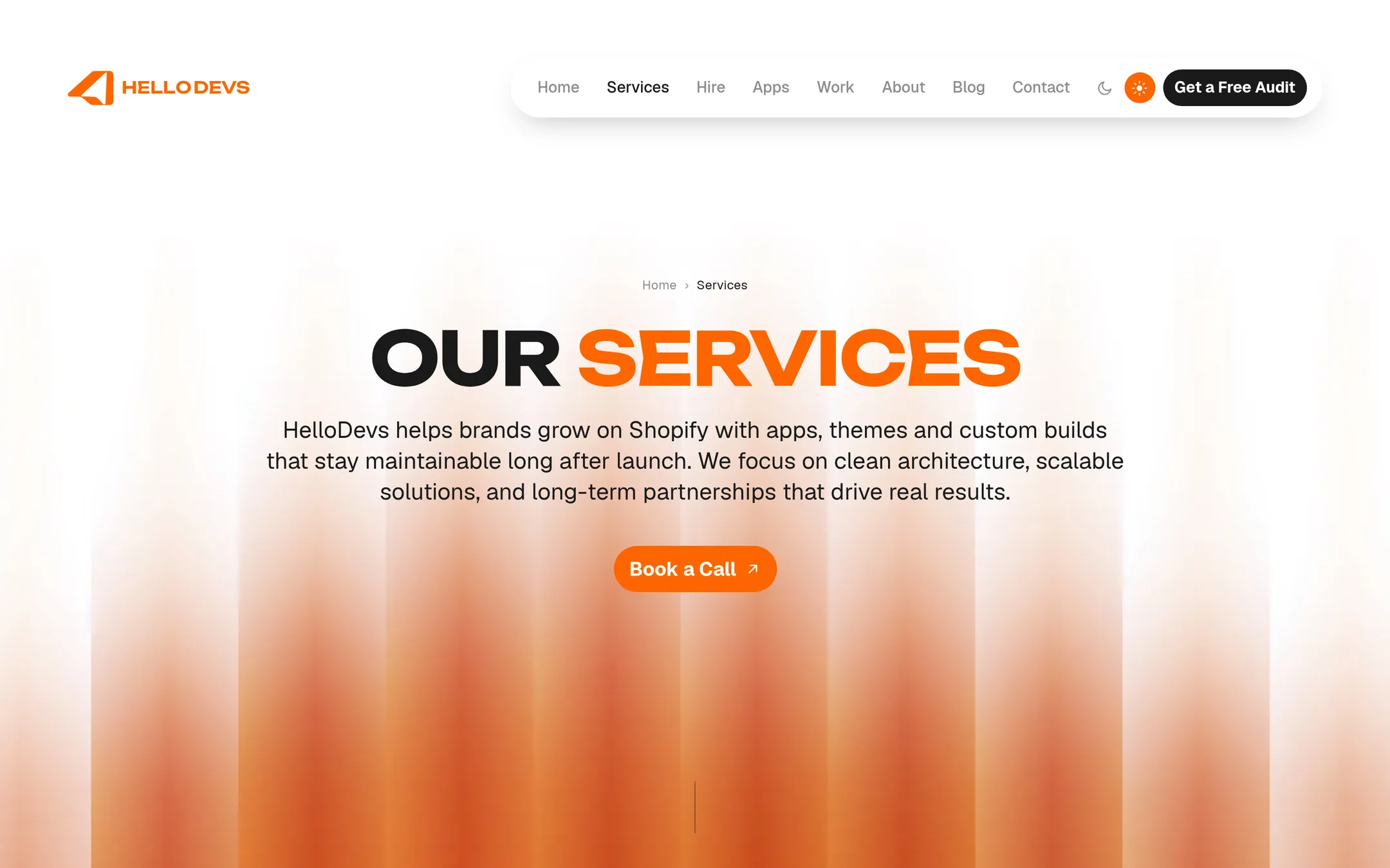 HelloDevs services page in light mode: the Our Services hero with an orange glow on white