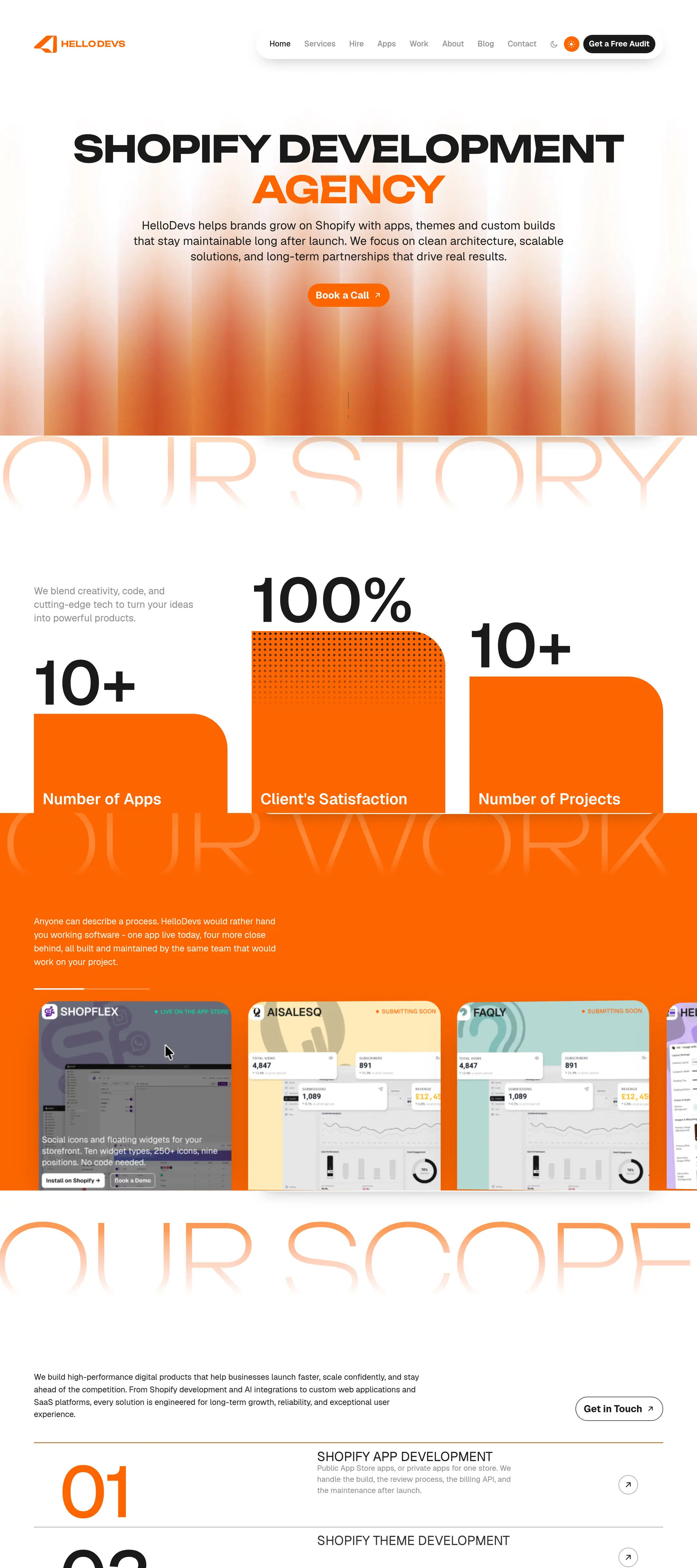 The HelloDevs home page in a desktop browser, scrolling from the hero through Our Story, Our Work and Our Scope