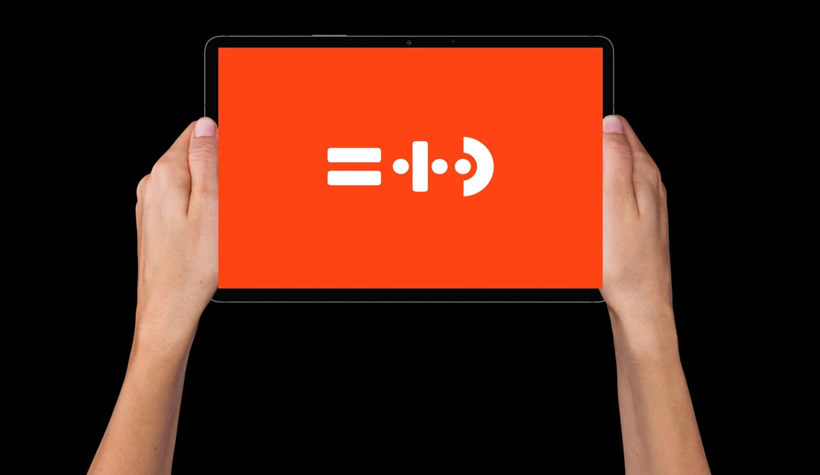 Two hands holding up a tablet showing the white HNO in Eppendorf ear-signal logo on the practice’s primary red