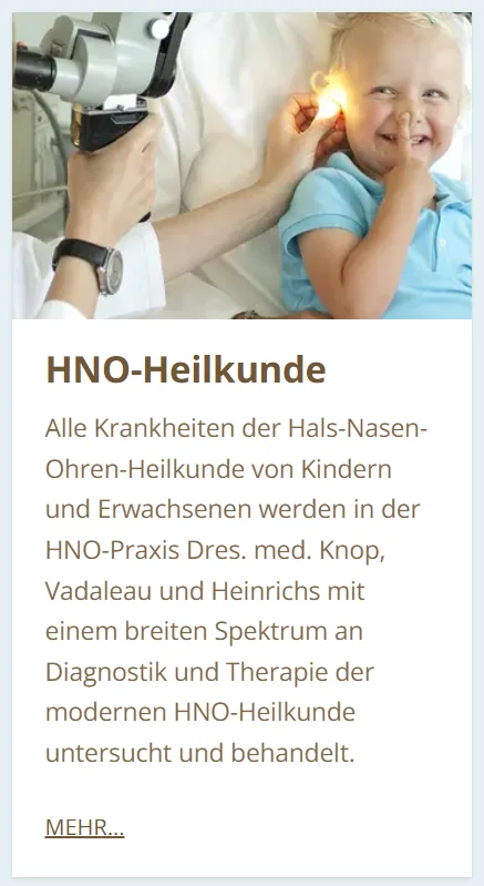 HNO-Heilkunde treatment card: a doctor examining a child's ear with an otoscope