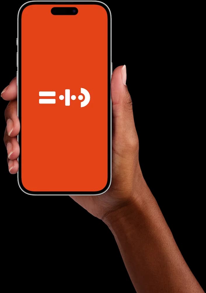 Hand holding a phone showing the HNO in Eppendorf logo in white on the practice's orange-red