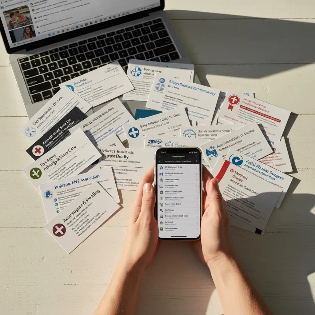 Hands holding a smartphone above a desk covered in scattered business cards of different ENT clinics, next to a laptop