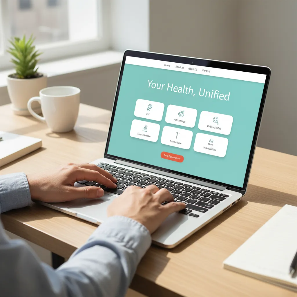 Hands typing on a laptop showing a calm aqua healthcare website with a grid of service tiles and a red booking button
