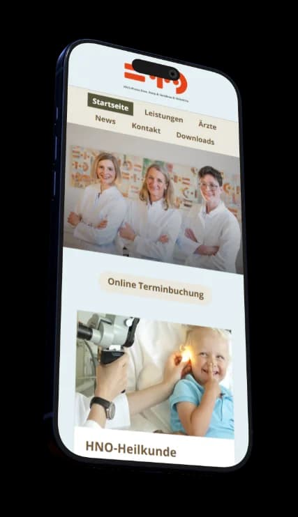 The same home page on a phone, with the menu wrapped onto two rows, the Online Terminbuchung button and the HNO-Heilkunde treatment card