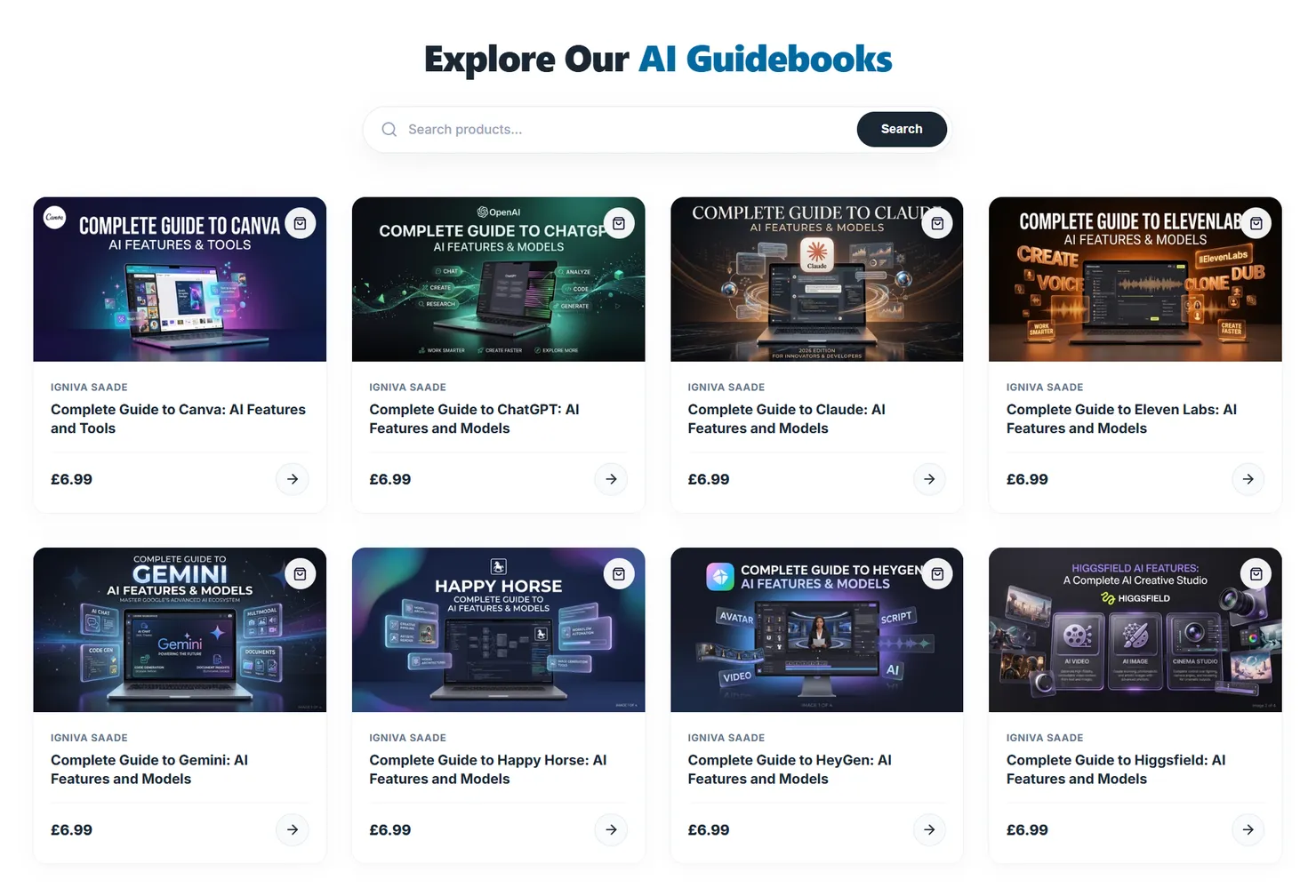 The Igniva Saade catalogue: Explore Our AI Guidebooks, a product search bar and a grid of guide cards