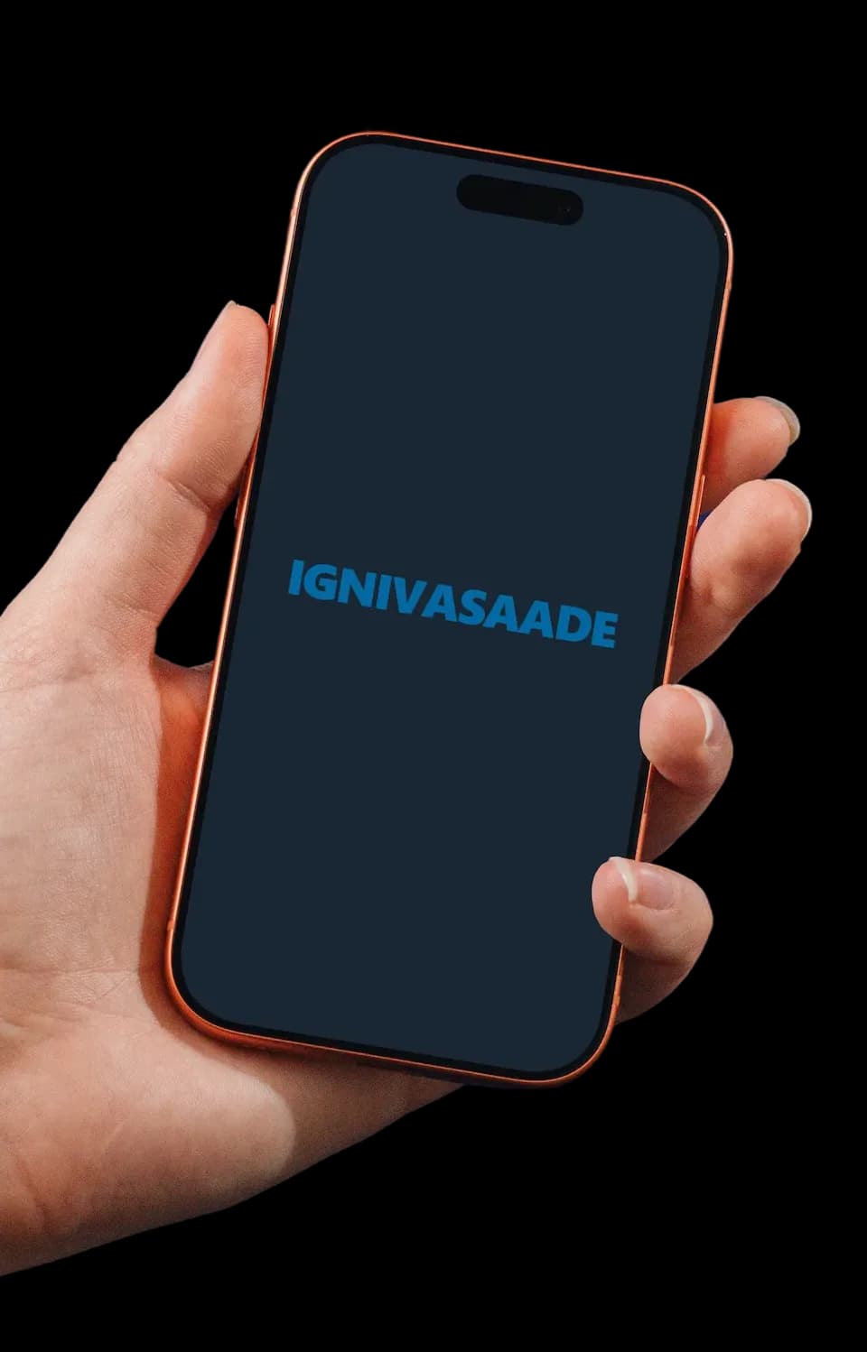 Brand mockup: a hand holding a phone showing the IGNIVASAADE wordmark