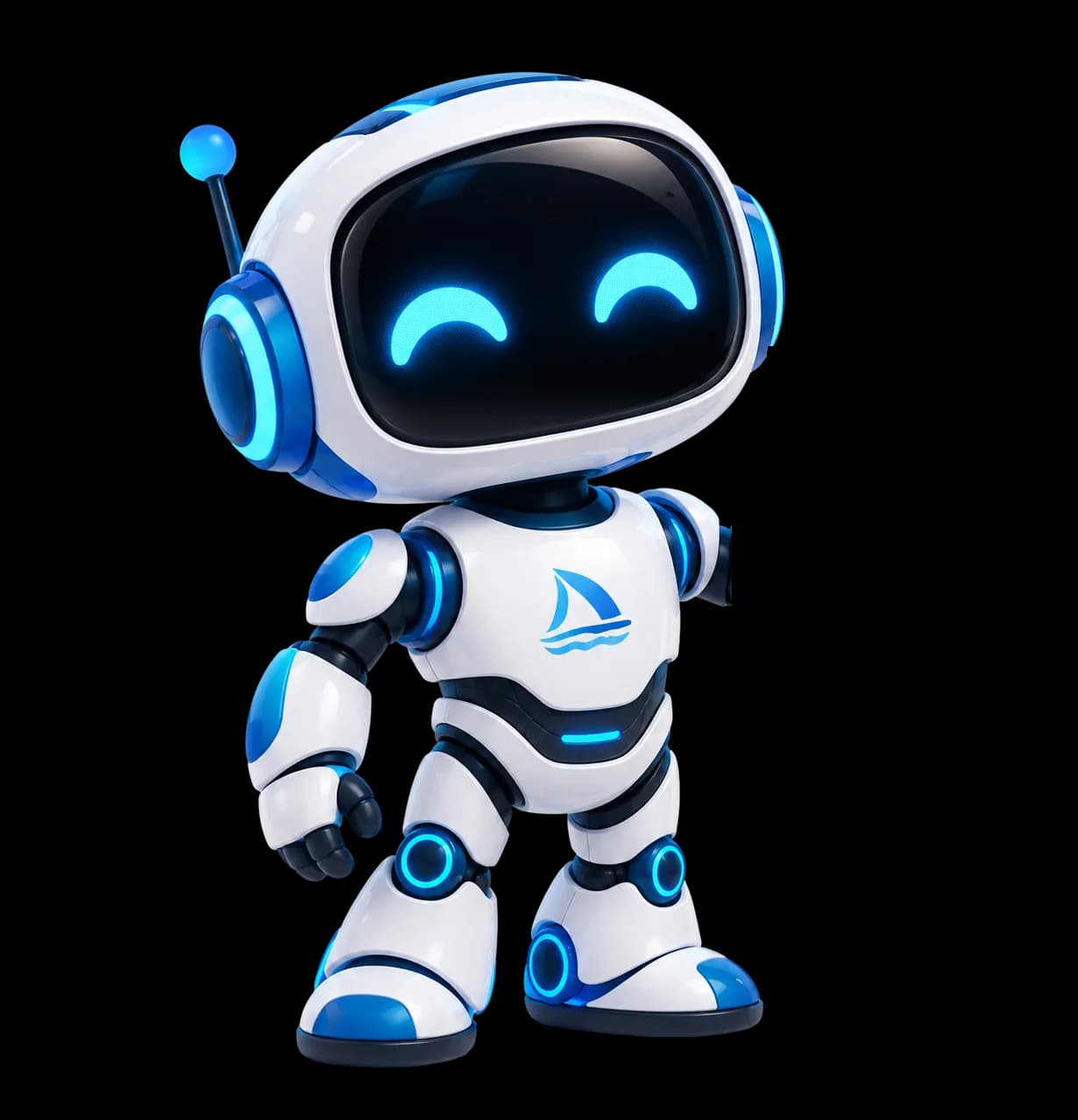 Friendly 3D robot with the Igniva Saade sailboat mark on its chest, waving