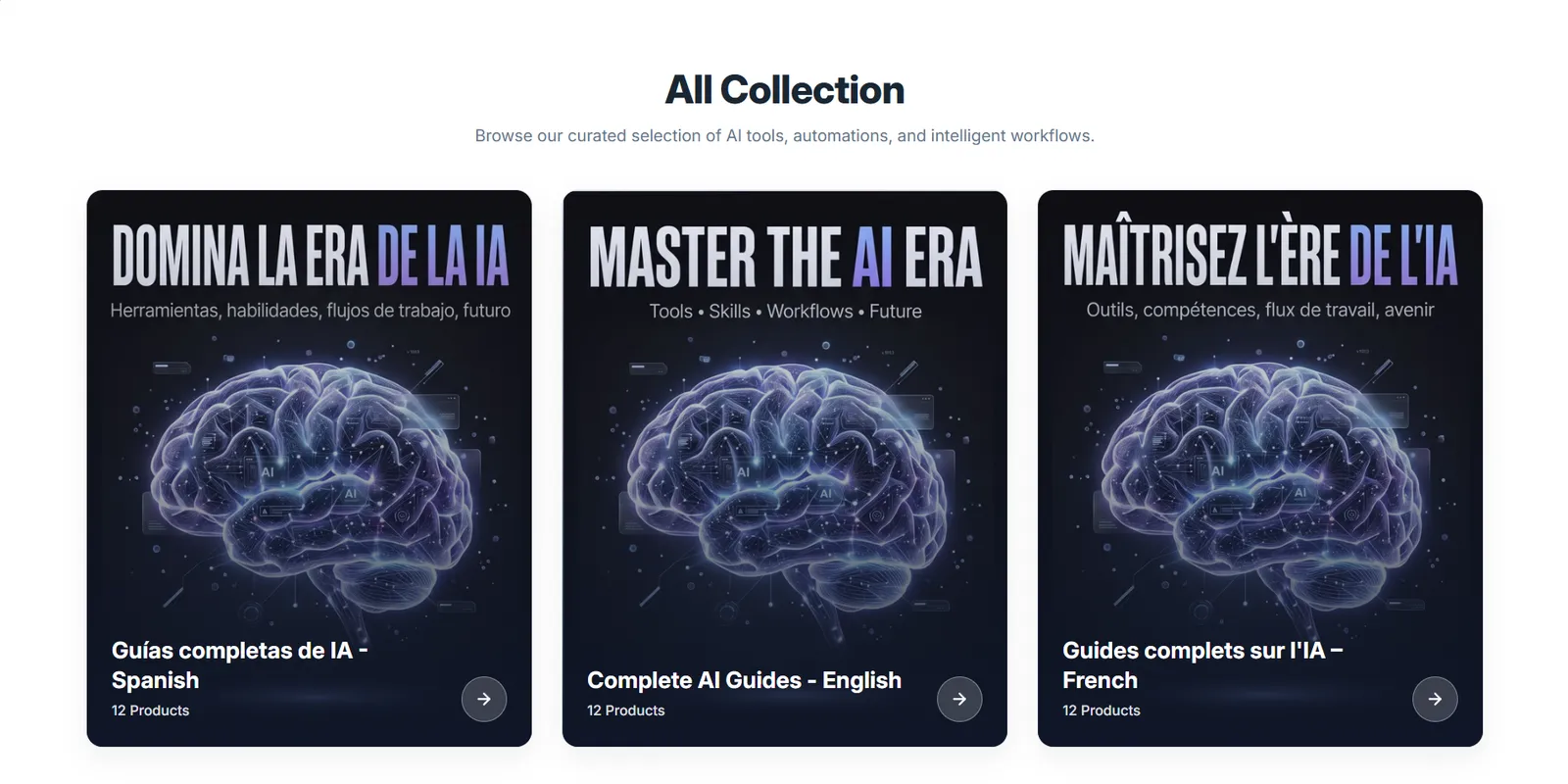 Redesigned All Collection page: Spanish, English and French AI guide collections, each with its own headline in its language
