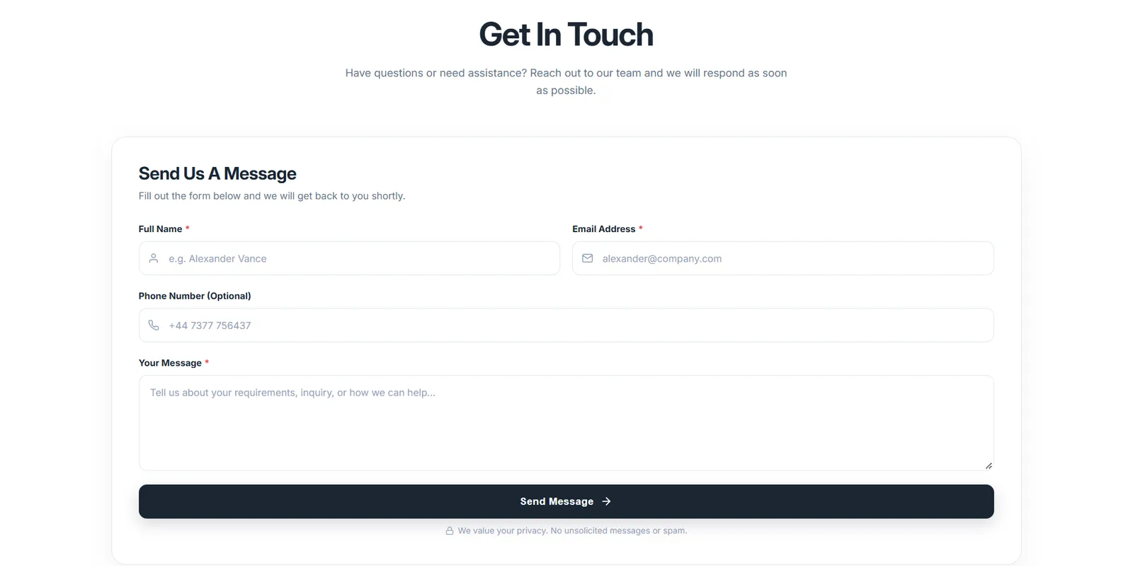 Redesigned Get in Touch page: a Send Us A Message card with labelled fields, example placeholders, a full-width Send Message button and a privacy note