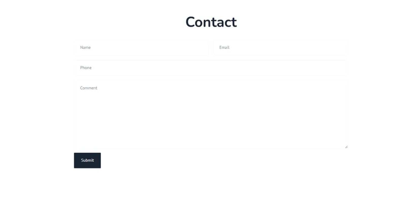 Original contact page: a bare form with placeholder-only Name, Email, Phone and Comment fields and a small Submit button