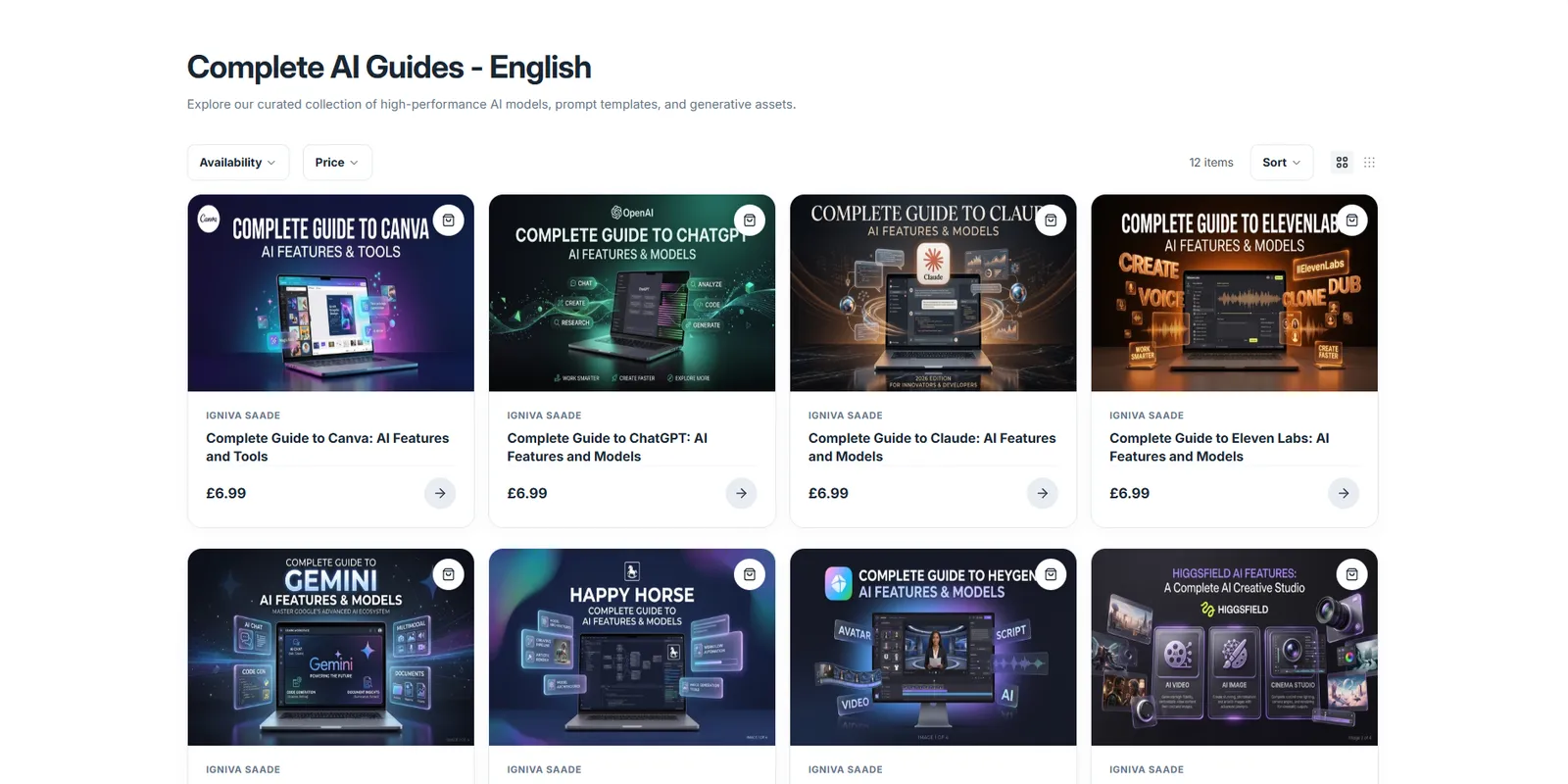 Redesigned Complete AI Guides – English collection with a distinct cover for each guide, including Canva, ChatGPT, Claude, ElevenLabs, Gemini and HeyGen