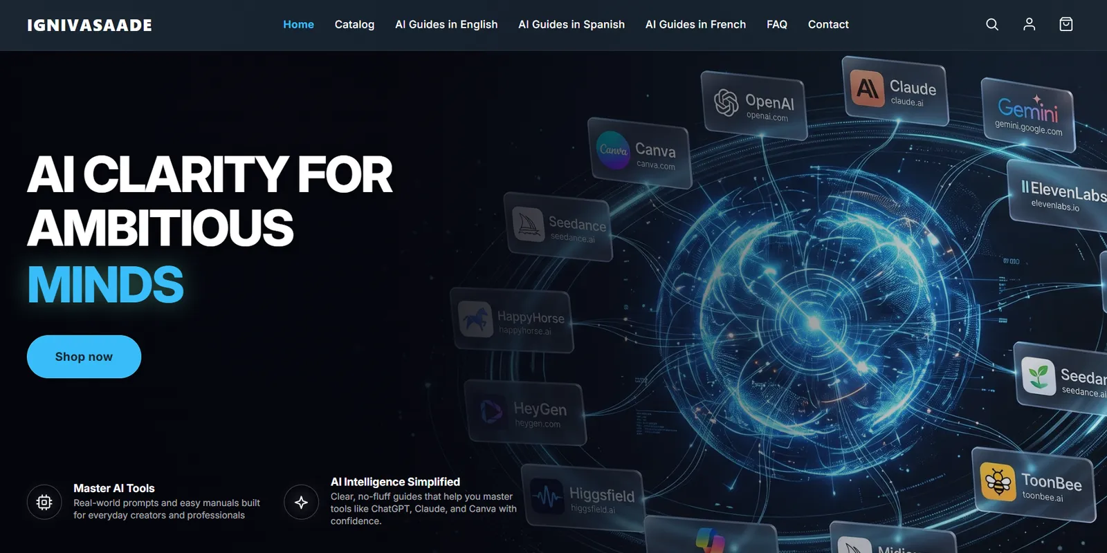 Redesigned Igniva Saade homepage hero: a dark navy layout with the headline "AI clarity for ambitious minds", a Shop now button and floating AI tool logos