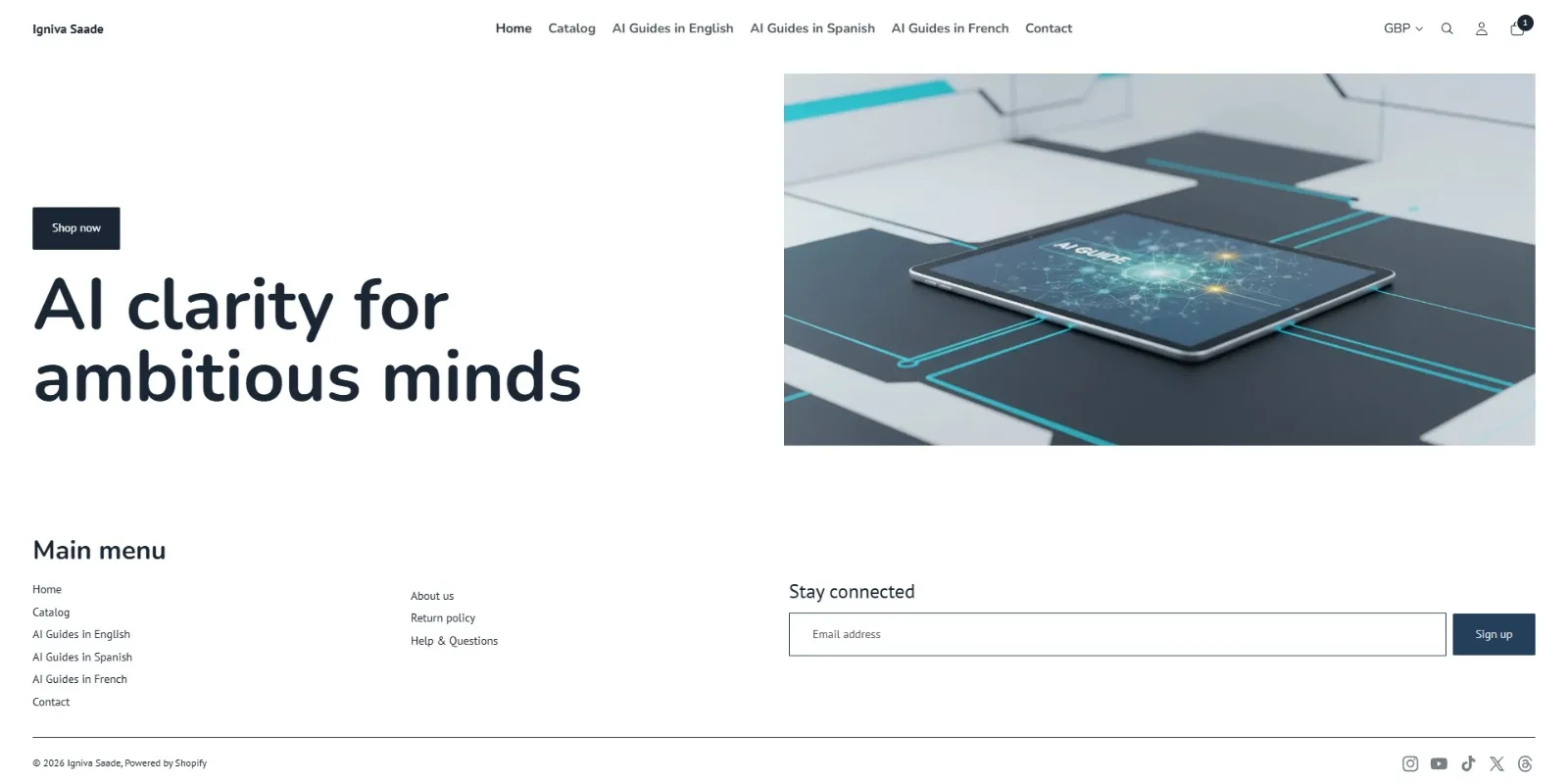 Original Igniva Saade homepage: a plain white hero reading "AI clarity for ambitious minds" beside a tablet photo, with the footer menu directly below