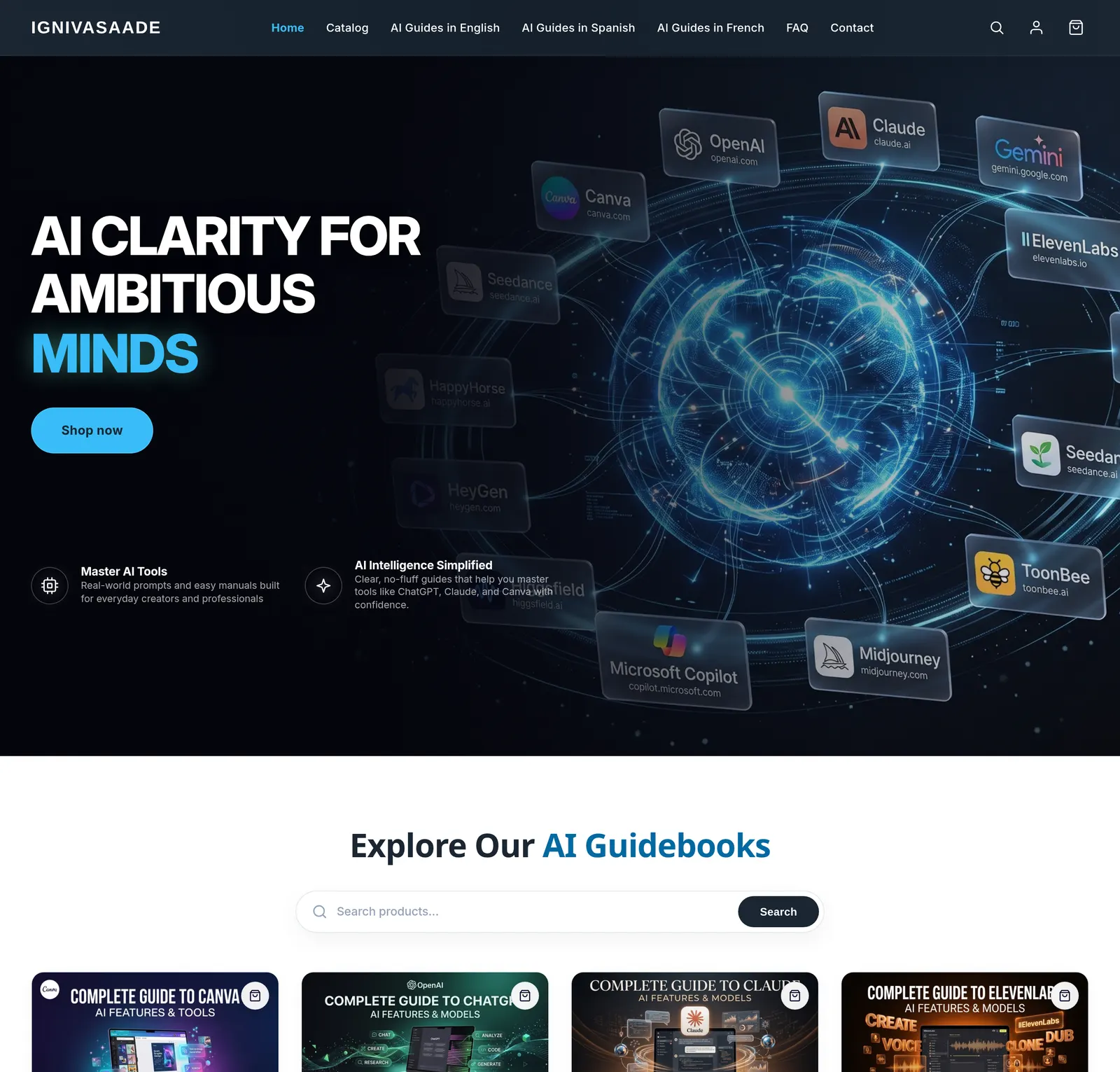 The Igniva Saade homepage on desktop, captured top to bottom: hero, featured AI guidebooks with search, topic marquee, the why block, three language collections, video, newsletter and footer