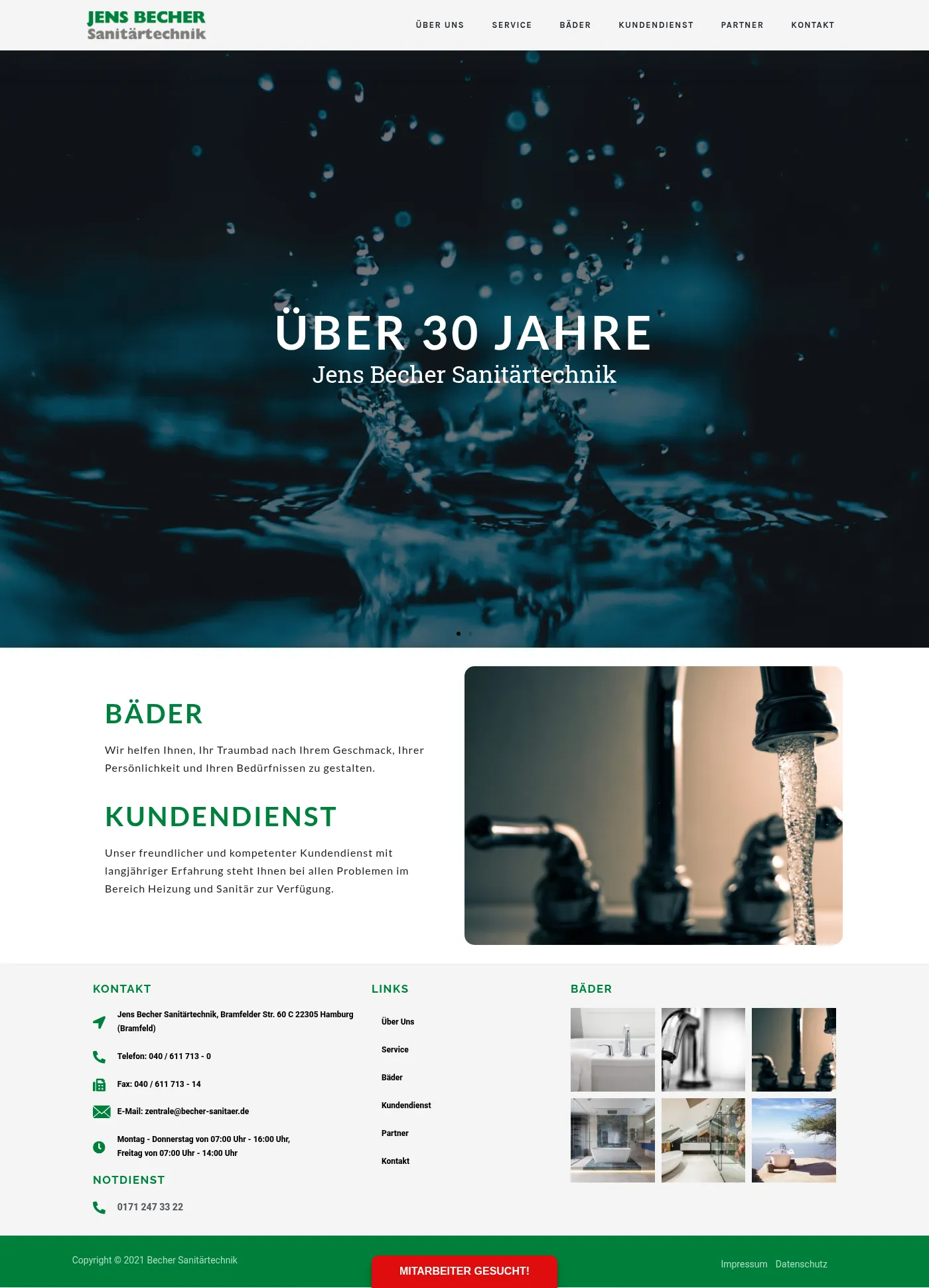 Full Jens Becher Sanitärtechnik home page: the green and grey wordmark with the menu (Über uns, Service, Bäder, Kundendienst, Partner, Kontakt), a dark water-splash hero reading “Über 30 Jahre”, short Bäder and Kundendienst introductions in green headings beside a photo of a running tap, and the grey footer with address in Hamburg-Bramfeld, phone, opening hours, the Notdienst number and a gallery of bathrooms