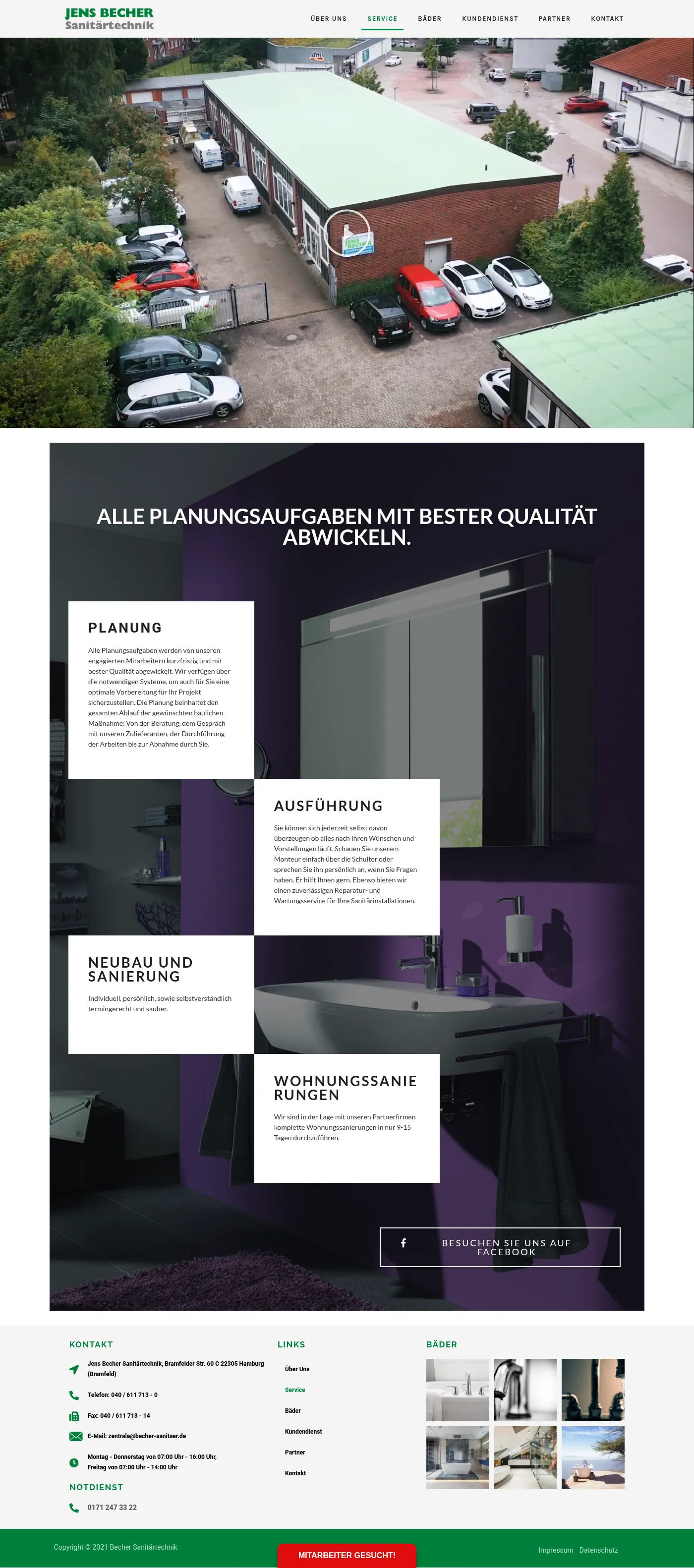 Full Service page of the Jens Becher Sanitärtechnik website: an aerial photo of the company building and vans, then “Alle Planungsaufgaben mit bester Qualität abwickeln” over a dark purple bathroom, with white cards for Planung, Ausführung, Neubau und Sanierung and Wohnungssanierungen, a Facebook button and the same footer with the green bottom bar