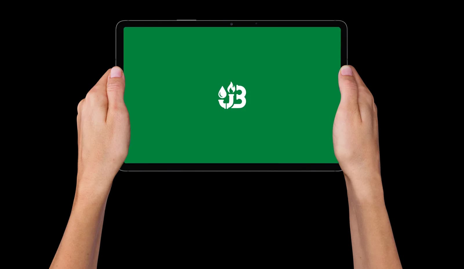 Two hands holding up a tablet showing the white Jens Becher Sanitärtechnik JB logo on a green screen