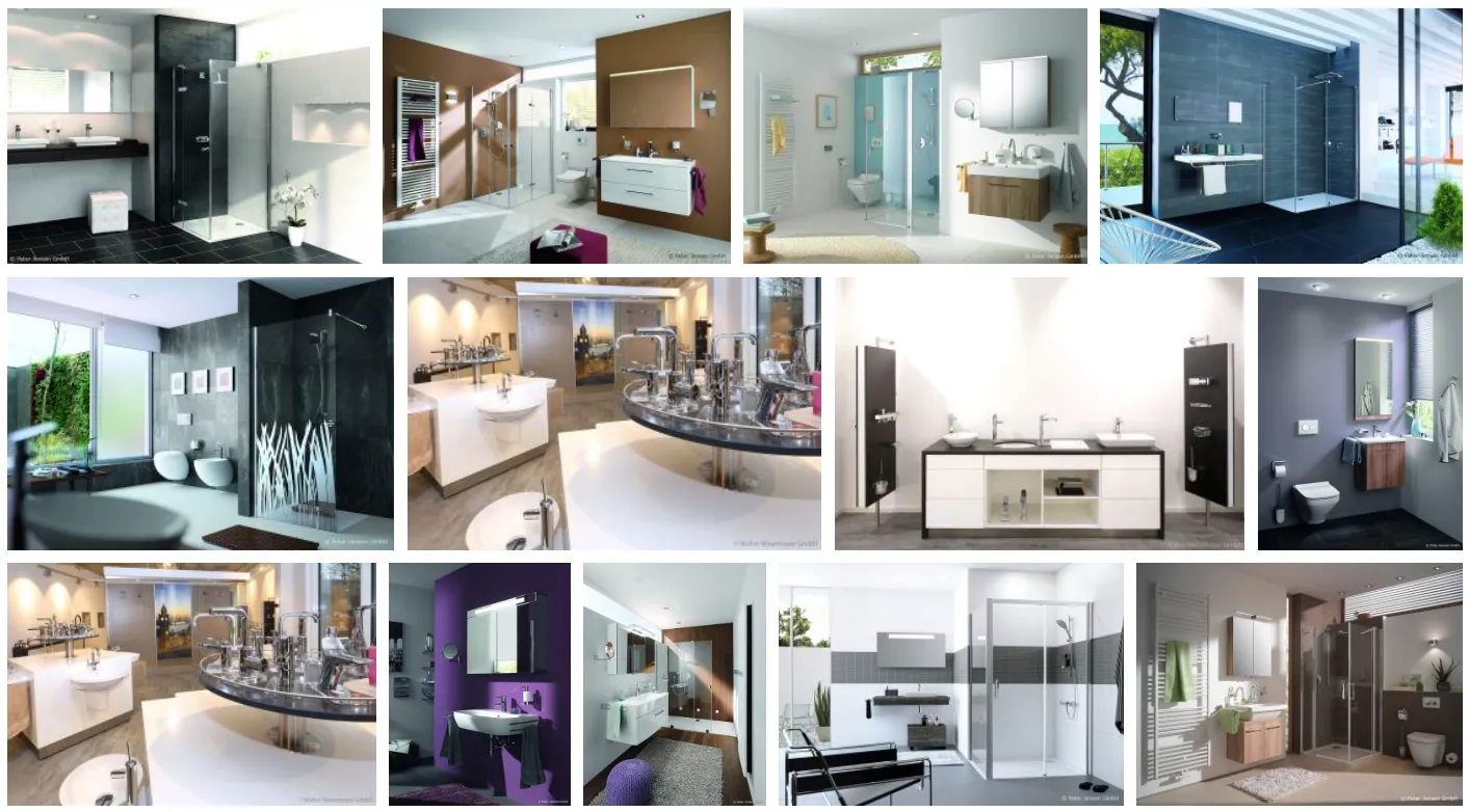 Wall of bathroom photos: walk-in glass showers, wall-hung washbasins and toilets, a wood-and-white vanity and a curved bath under a wide window