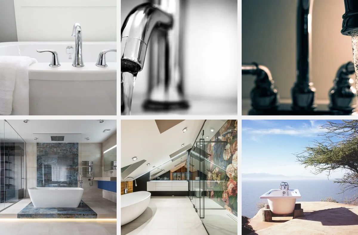 Six bathroom photos from the website's Bäder gallery: a white washbasin, two chrome taps, a freestanding bath on a stone plinth, a bright bathroom with a glass shower and a bathtub on a sunny terrace
