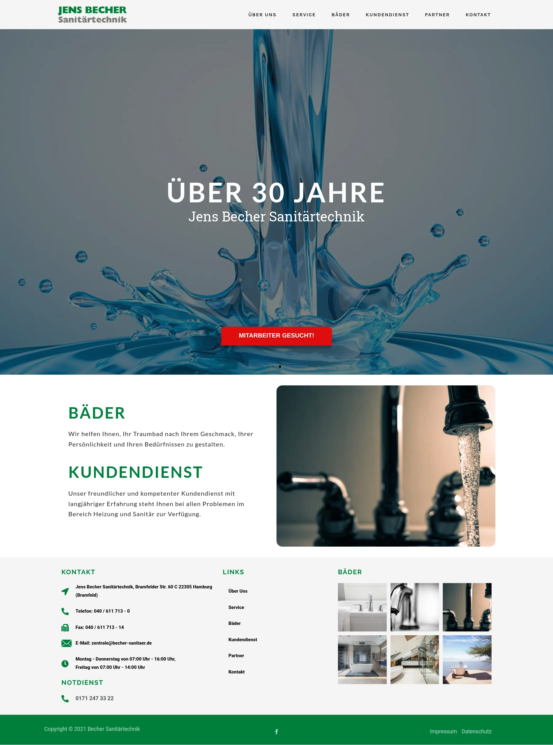 The Jens Becher Sanitärtechnik home page on desktop: logo and menu, a water splash with the headline Über 30 Jahre, short Bäder and Kundendienst sections beside a running tap, and the footer with contact details, the emergency number and the bathroom gallery