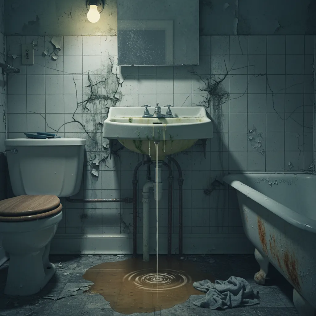 Illustration of a neglected bathroom with cracked tiles, a leaking washbasin and a rusty bathtub, standing for a dated first impression