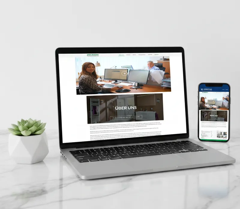 A laptop and a phone on a marble table beside a small succulent, both showing the Jens Becher Sanitärtechnik website