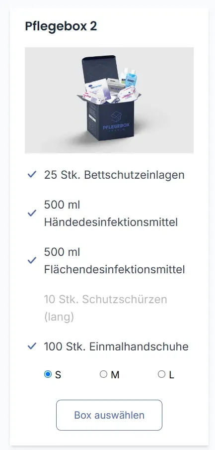 Pflegebox 2 product card listing bed protection pads, disinfectant and disposable gloves, with a "Box auswählen" button.