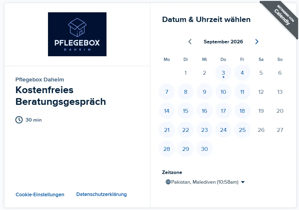 Booking widget for a free Pflegebox consultation ("Kostenfreies Beratungsgespräch") with a date and time picker.