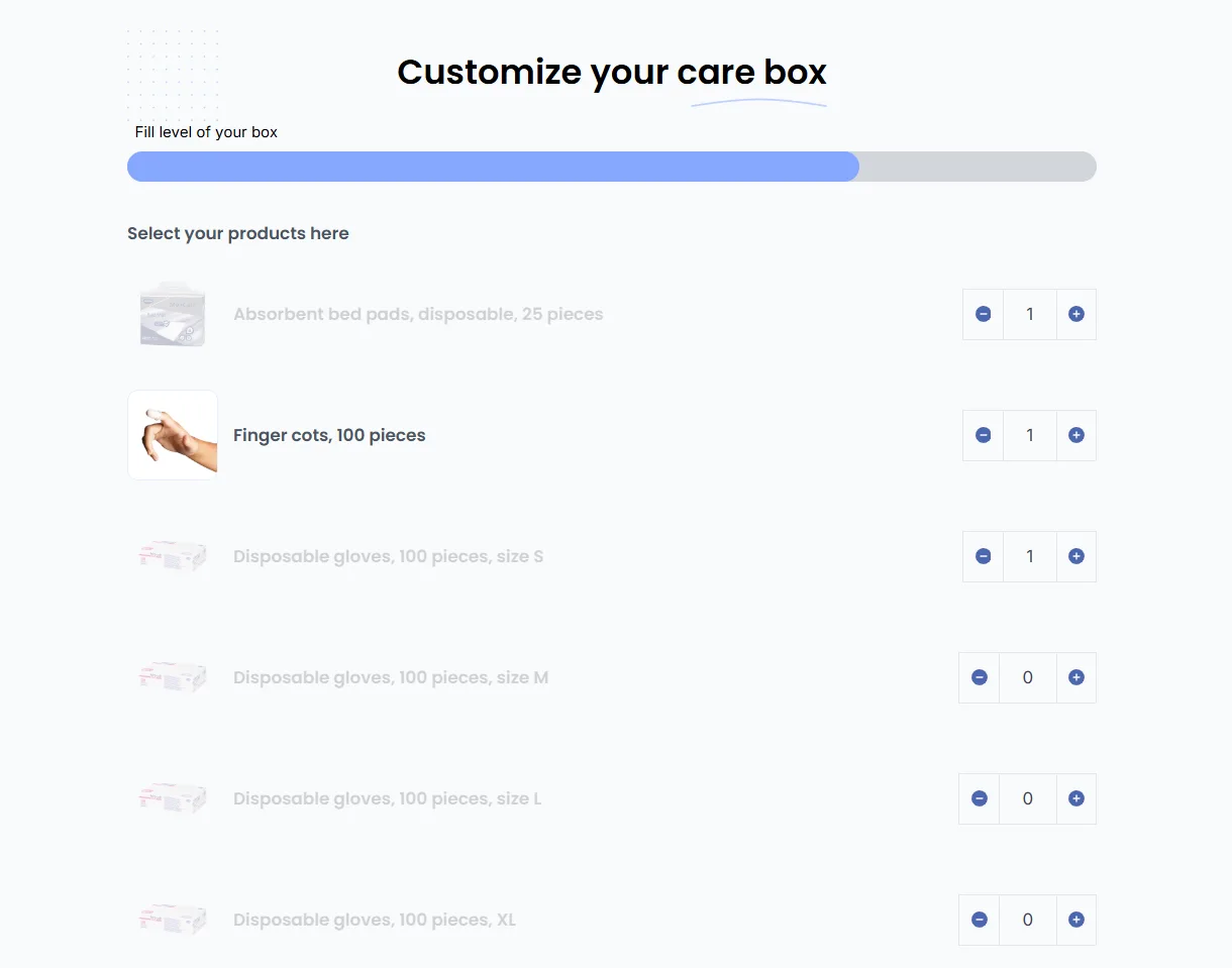 "Customize your care box" screen with a budget progress bar and a list of care aids with plus and minus quantity controls.