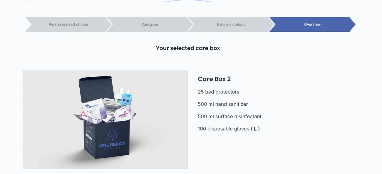 Checkout step with a four-stage progress bar and a summary of the selected care box and its contents.